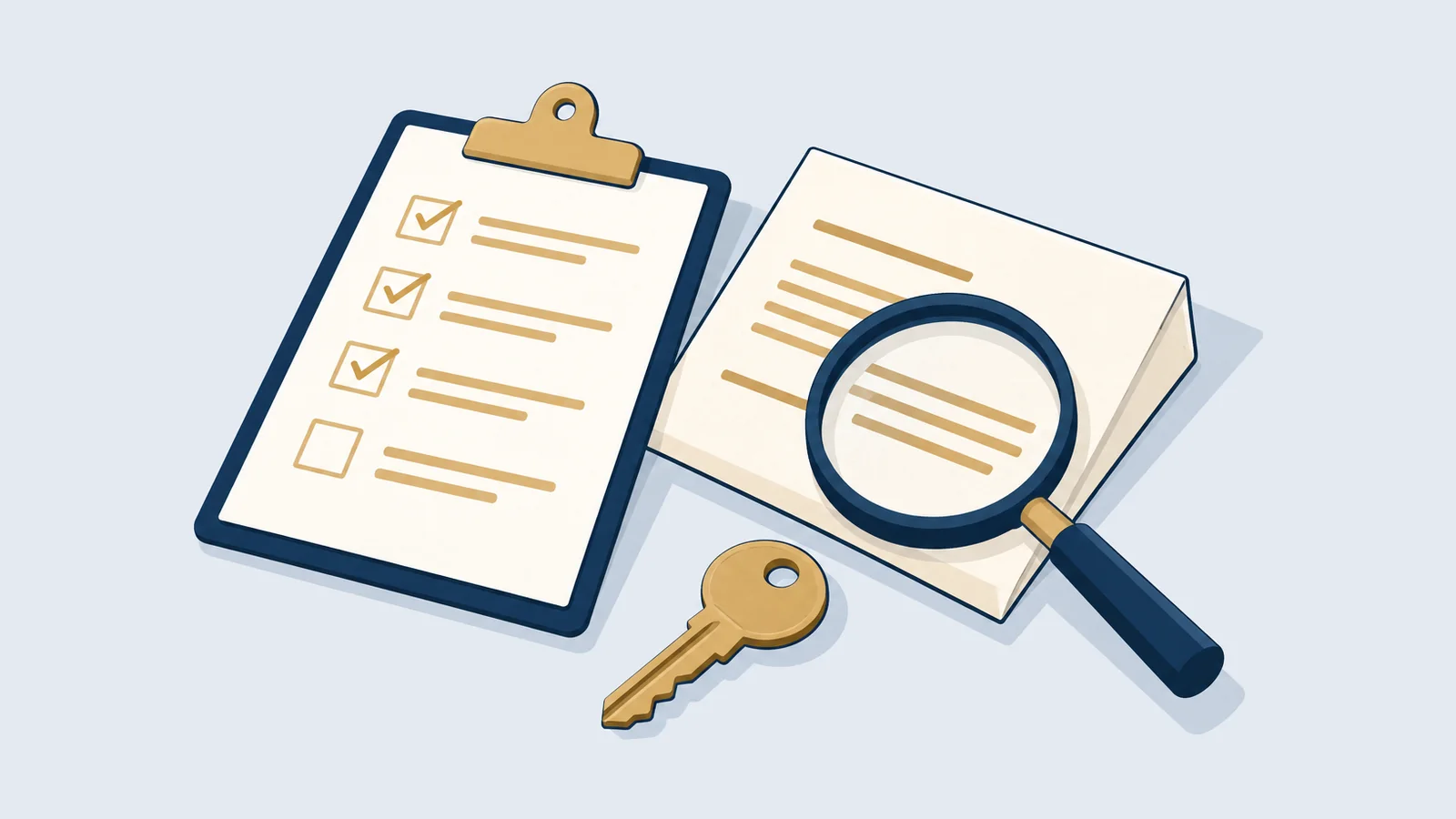 Checklist clipboard, magnifying glass over a deed and a key, for checking land before buying in Bangladesh