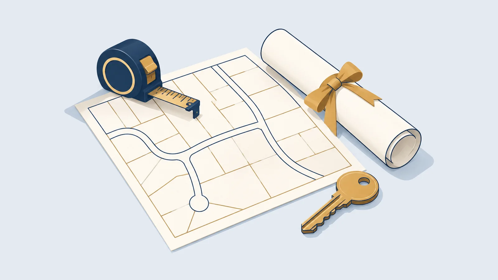 Land map with a measuring tape, key and deed, for land and property lawyers in Bangladesh