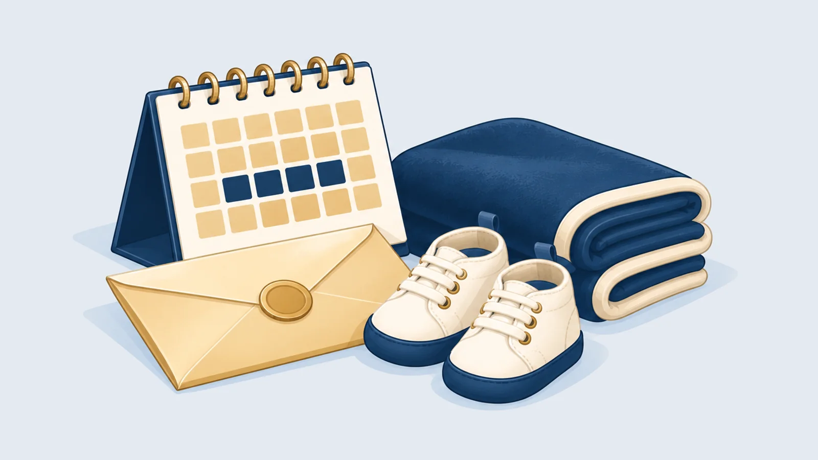 Calendar with a marked span, a pay envelope, baby shoes and a folded blanket, for maternity benefit obligations of employers in Bangladesh