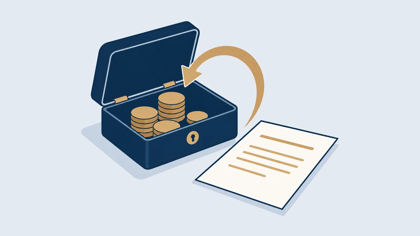 Illustration of a cash box with coins coming back, for recovering money owed in Bangladesh