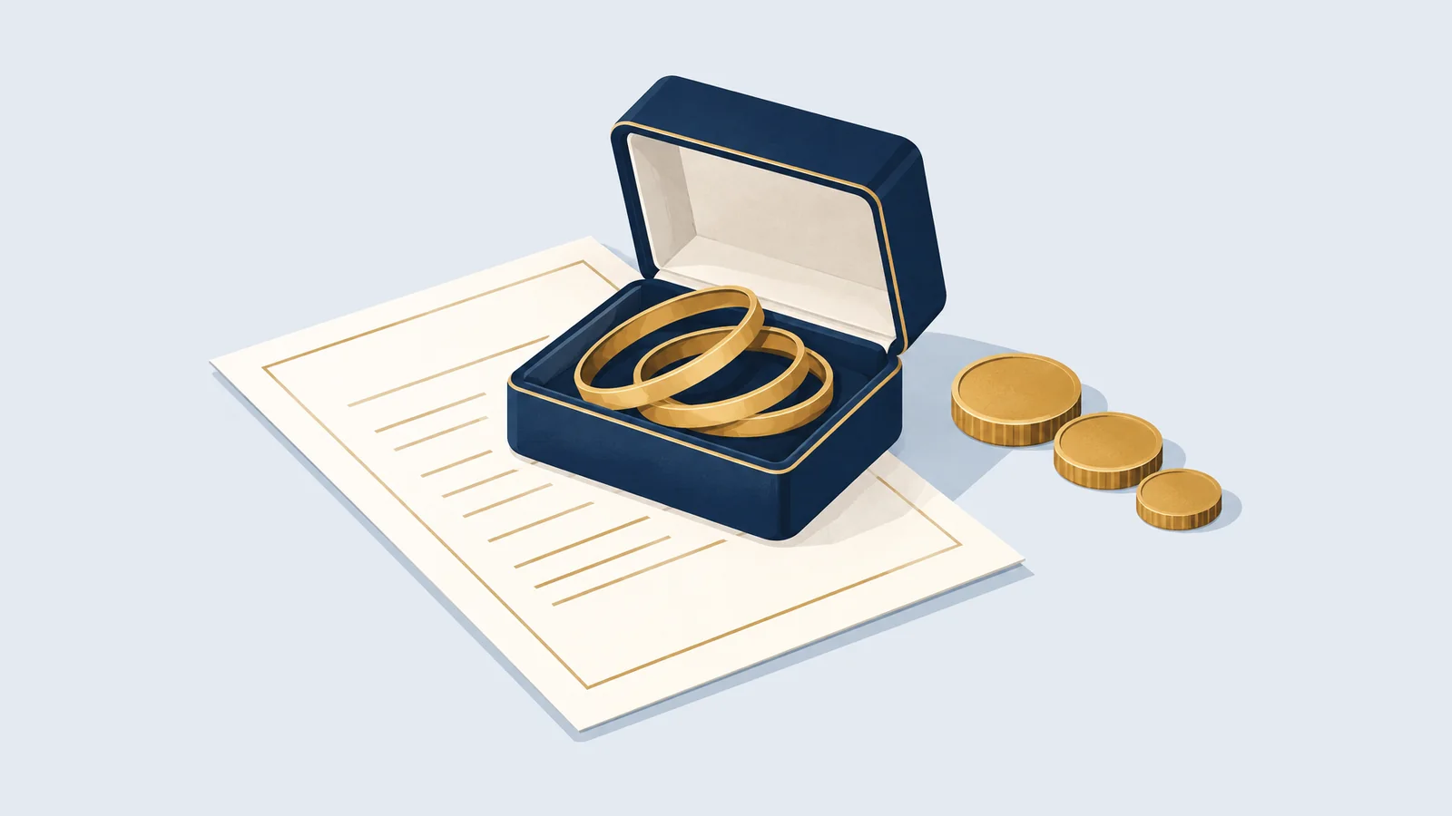Illustration of a jewellery box and land papers with coins, for dividing a mother's property in Bangladesh