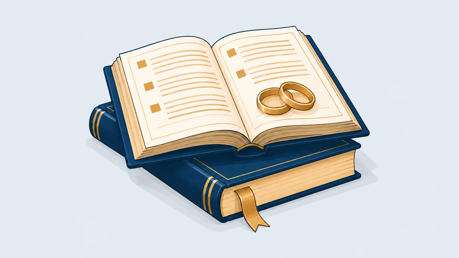 Law books with a ribbon bookmark and wedding rings, illustrating the Muslim Family Laws Ordinance 1961 in Bangladesh