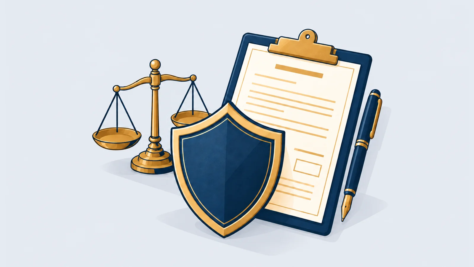 Protective shield in front of a complaint form and a balance scale, illustrating how to file a nari nirjaton case in Bangladesh