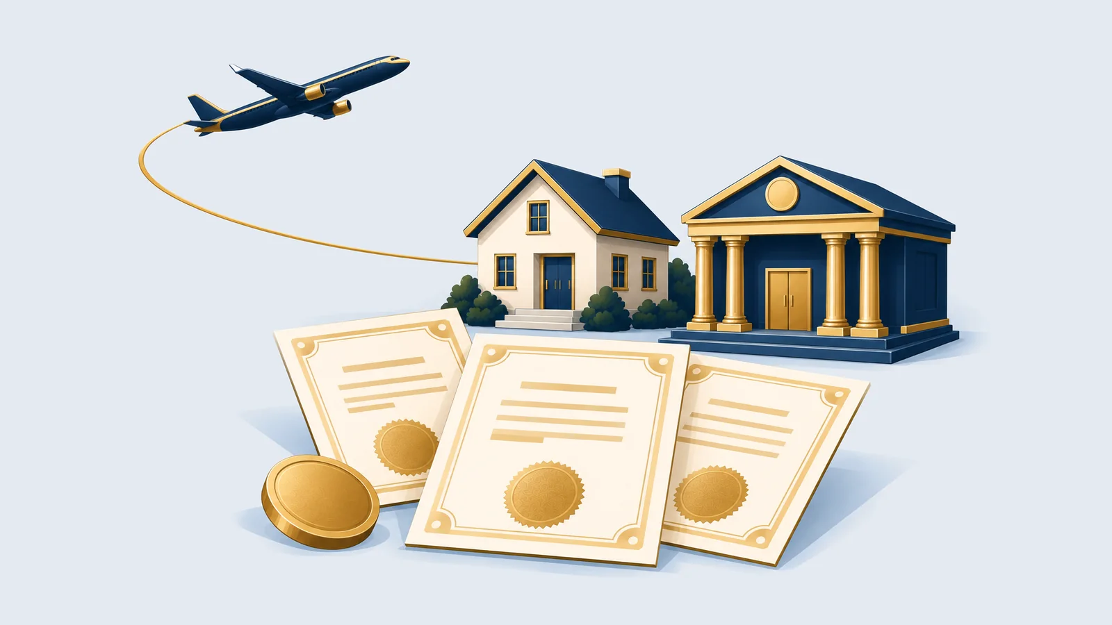 Aeroplane arriving over a house and a bank with bond certificates, for NRB investment in Bangladesh