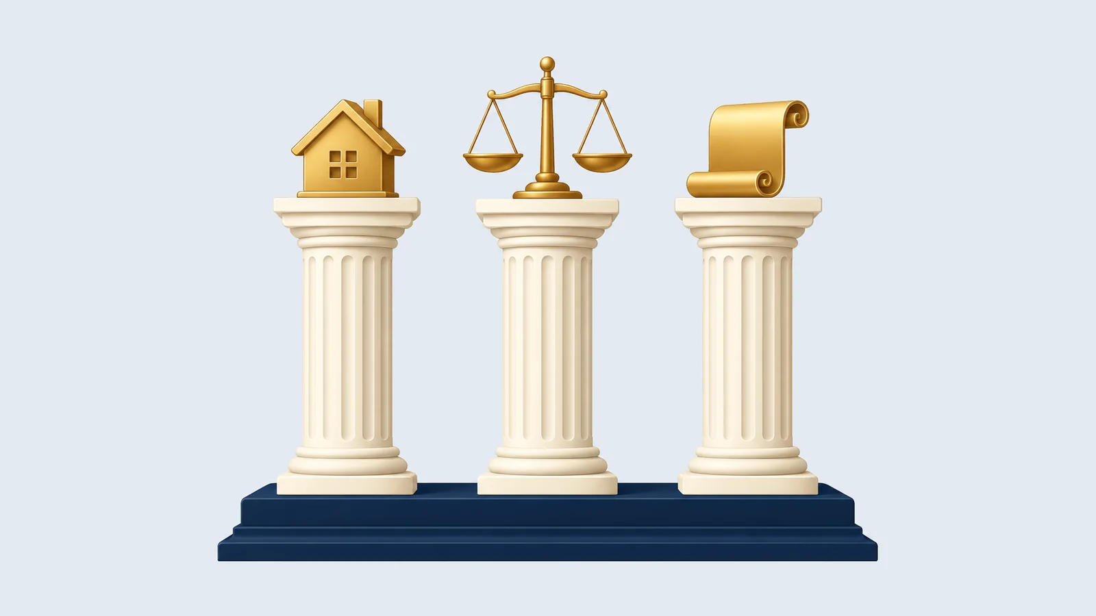 Pillars topped with a house, a balance scale and a scroll: the practice pillars of BD Advocacy