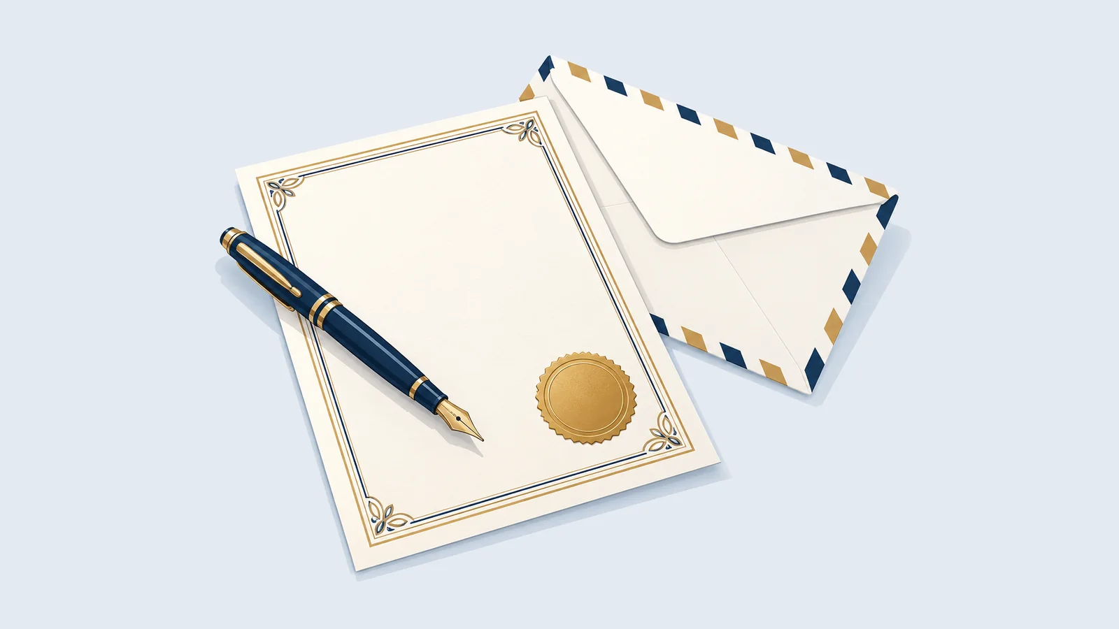 Stamp paper with a seal, pen and airmail envelope, for power of attorney and affidavits in Bangladesh