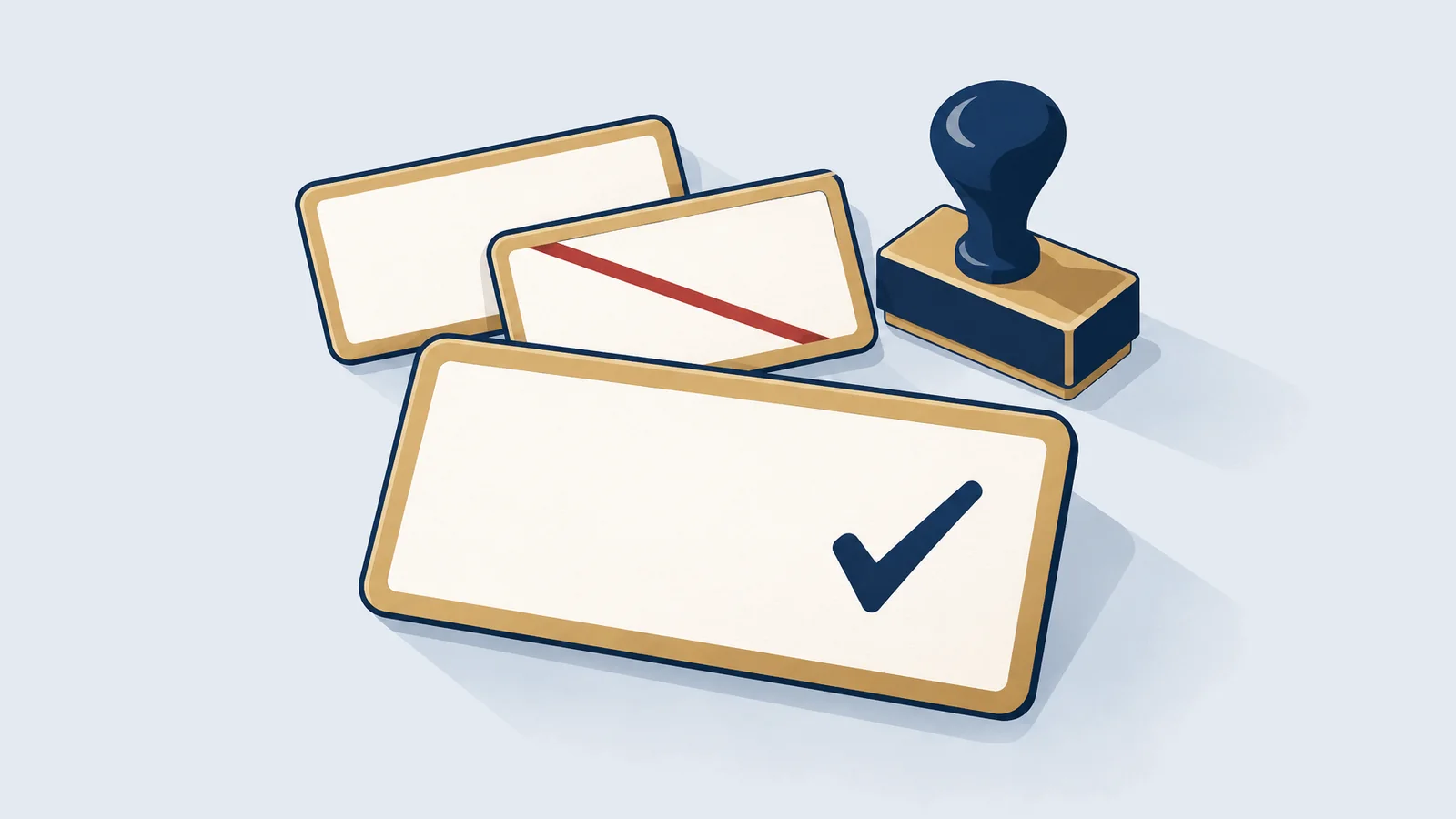 Blank name tags, one ticked and one crossed, with a stamp, for RJSC company name clearance in Bangladesh