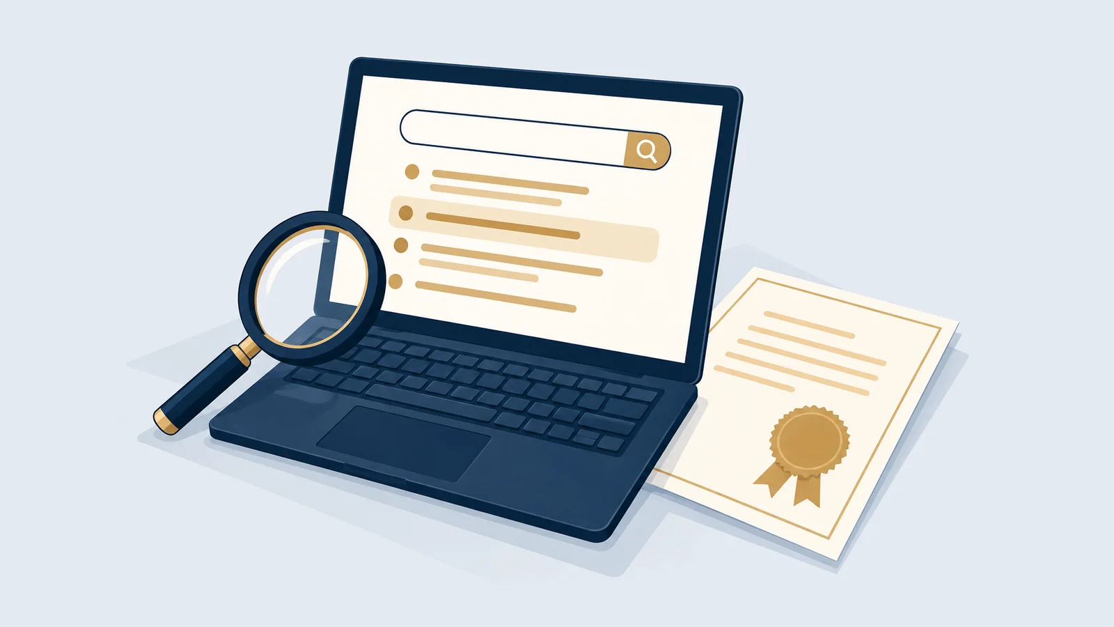 Laptop with a search bar, magnifying glass and certificate, for the RJSC online portal in Bangladesh