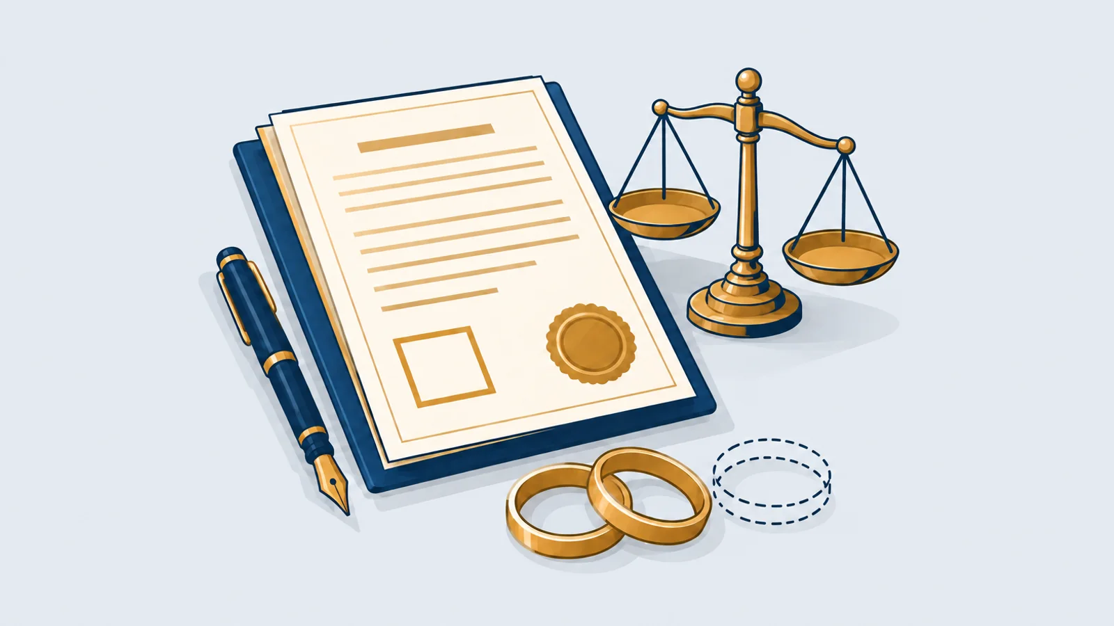Application form with an empty checkbox and seal, a balance scale and a third ring set apart, illustrating second marriage law in Bangladesh