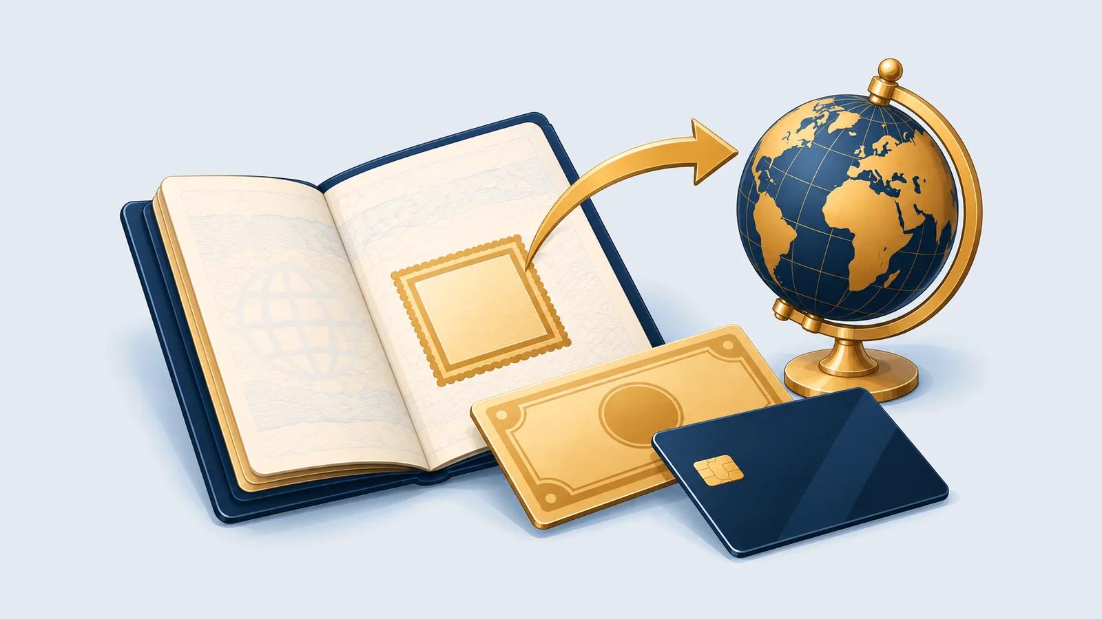 Open passport with an endorsement mark, cards and an arrow to a globe, for the rules on sending money abroad from Bangladesh