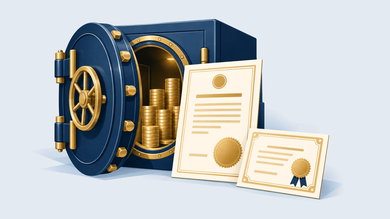 Bank vault with coins, an encashment certificate and a share certificate, for share money deposit in Bangladesh