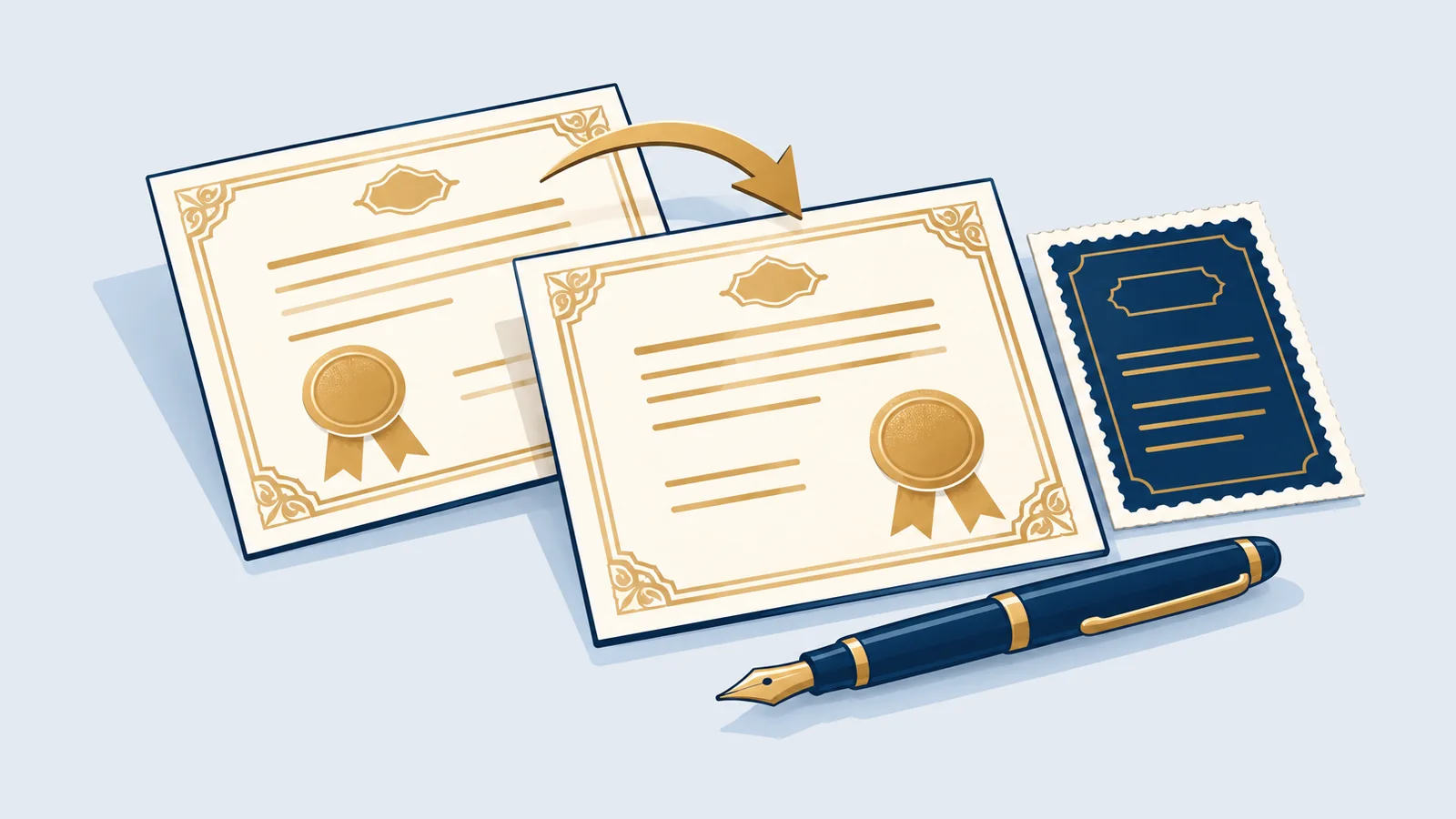 Two share certificates joined by an arrow, for share transfer in a private company
