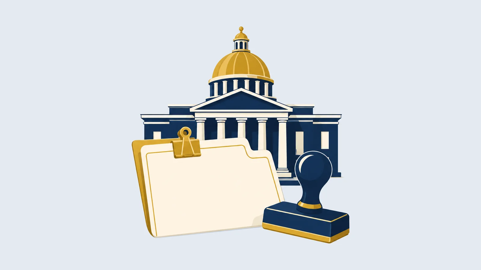 Government building, a service file and an official stamp, for administrative and service matters