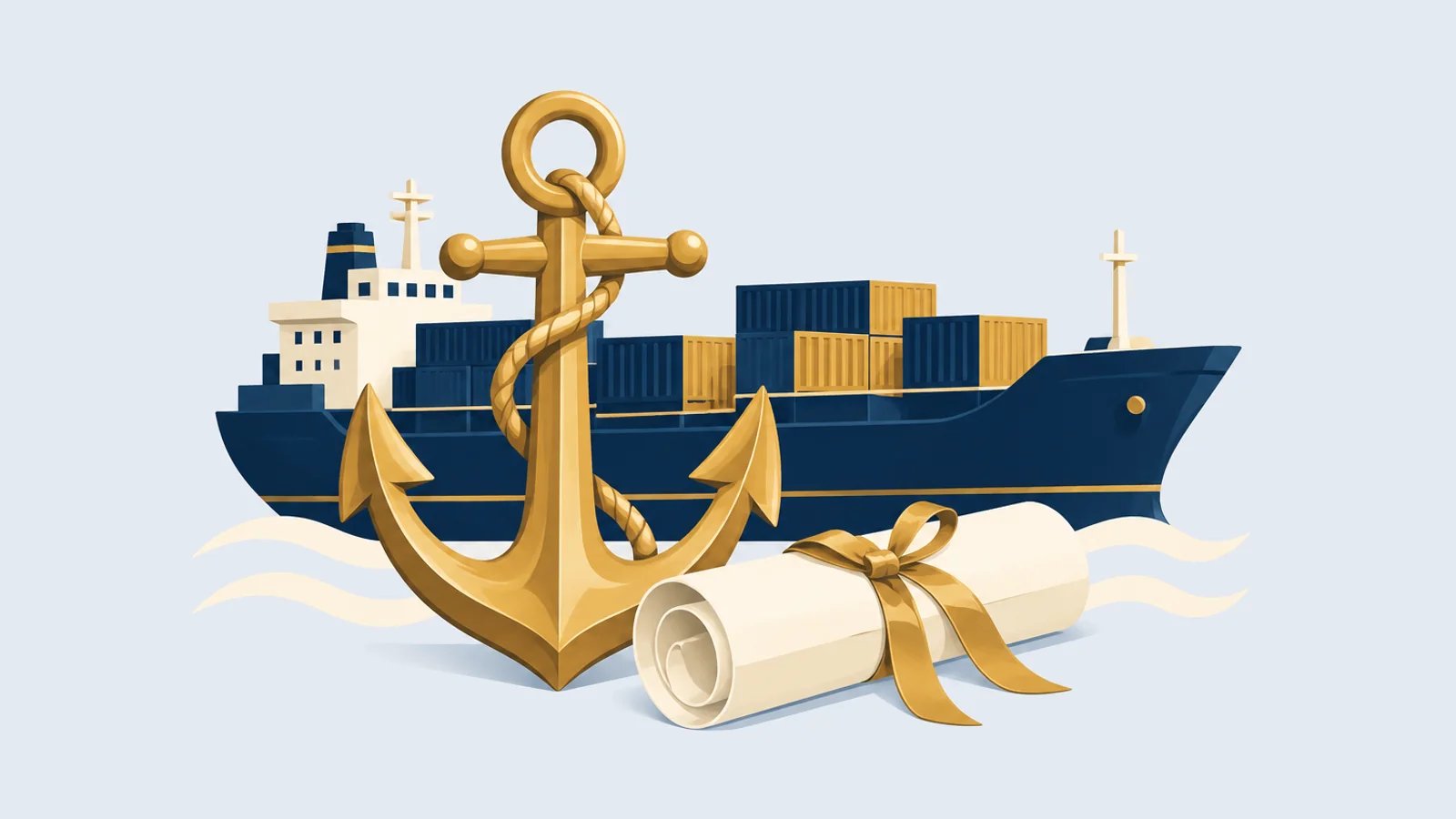 Cargo ship, a gold anchor and a rolled shipping document, for admiralty and maritime disputes