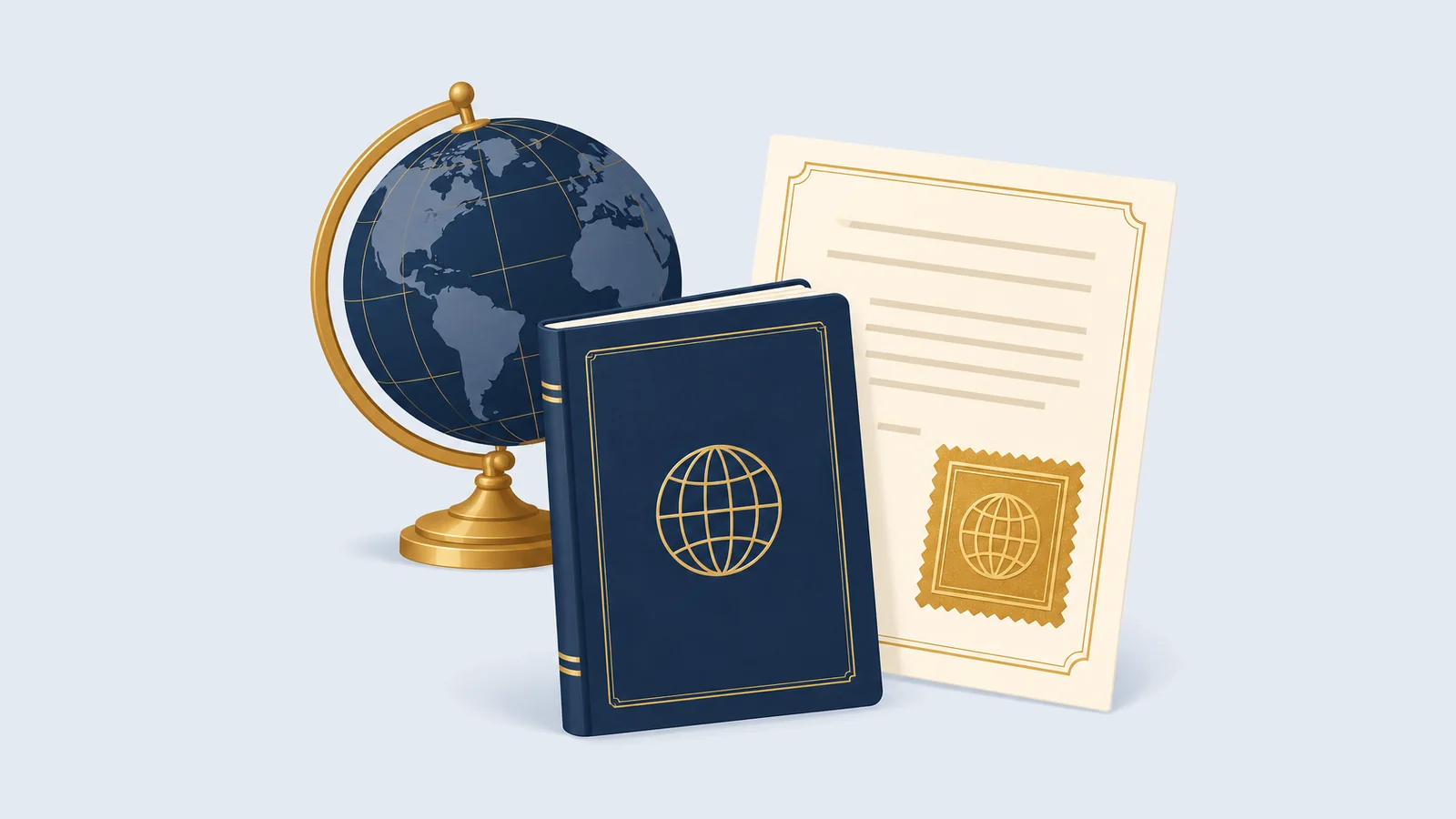 A passport, a certificate with a gold apostille stamp and a globe, for apostille and attestation of documents between Bangladesh and abroad