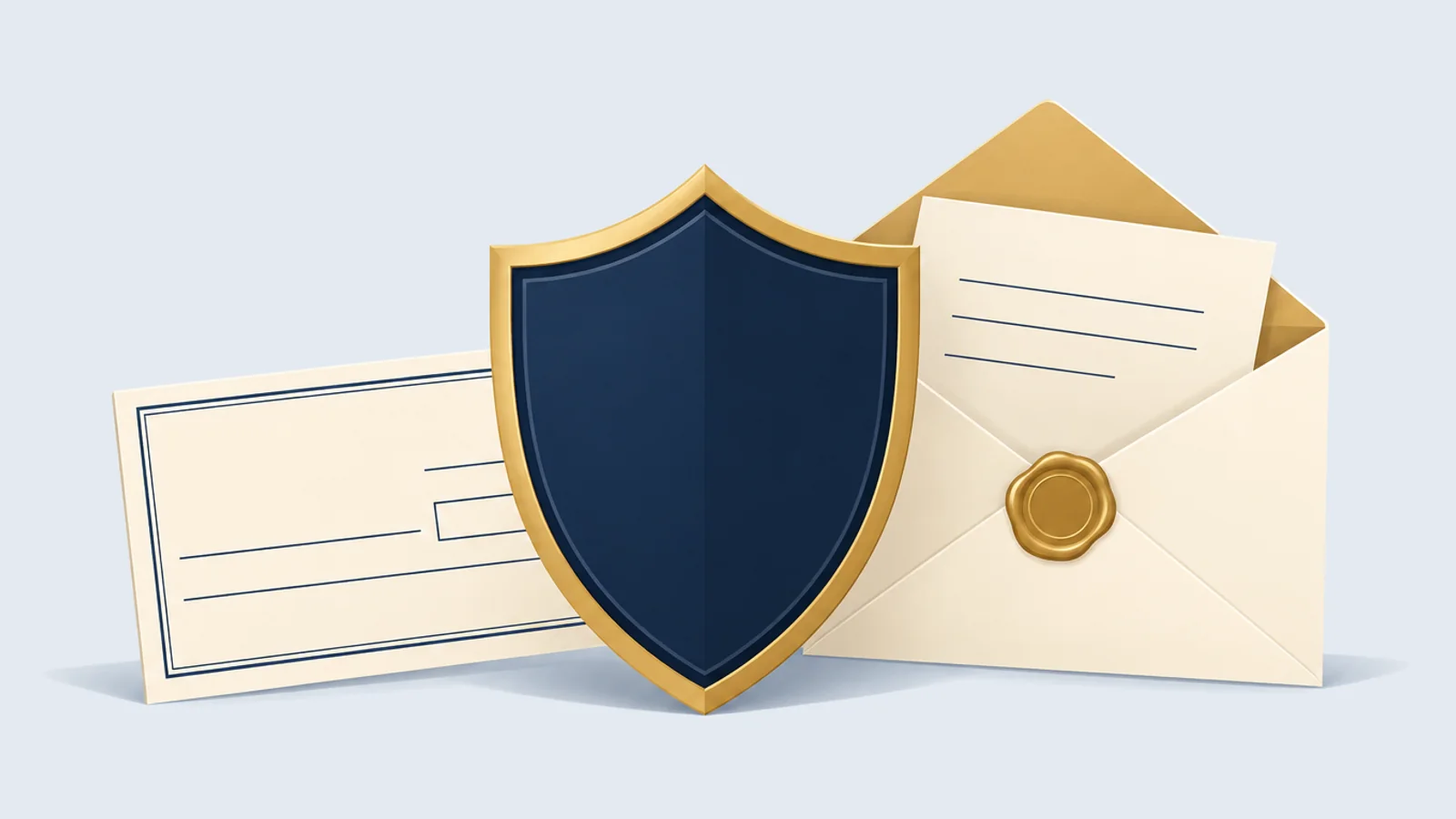 A navy shield in front of a bank cheque and an opened legal notice envelope, for cheque dishonour case defence in Bangladesh