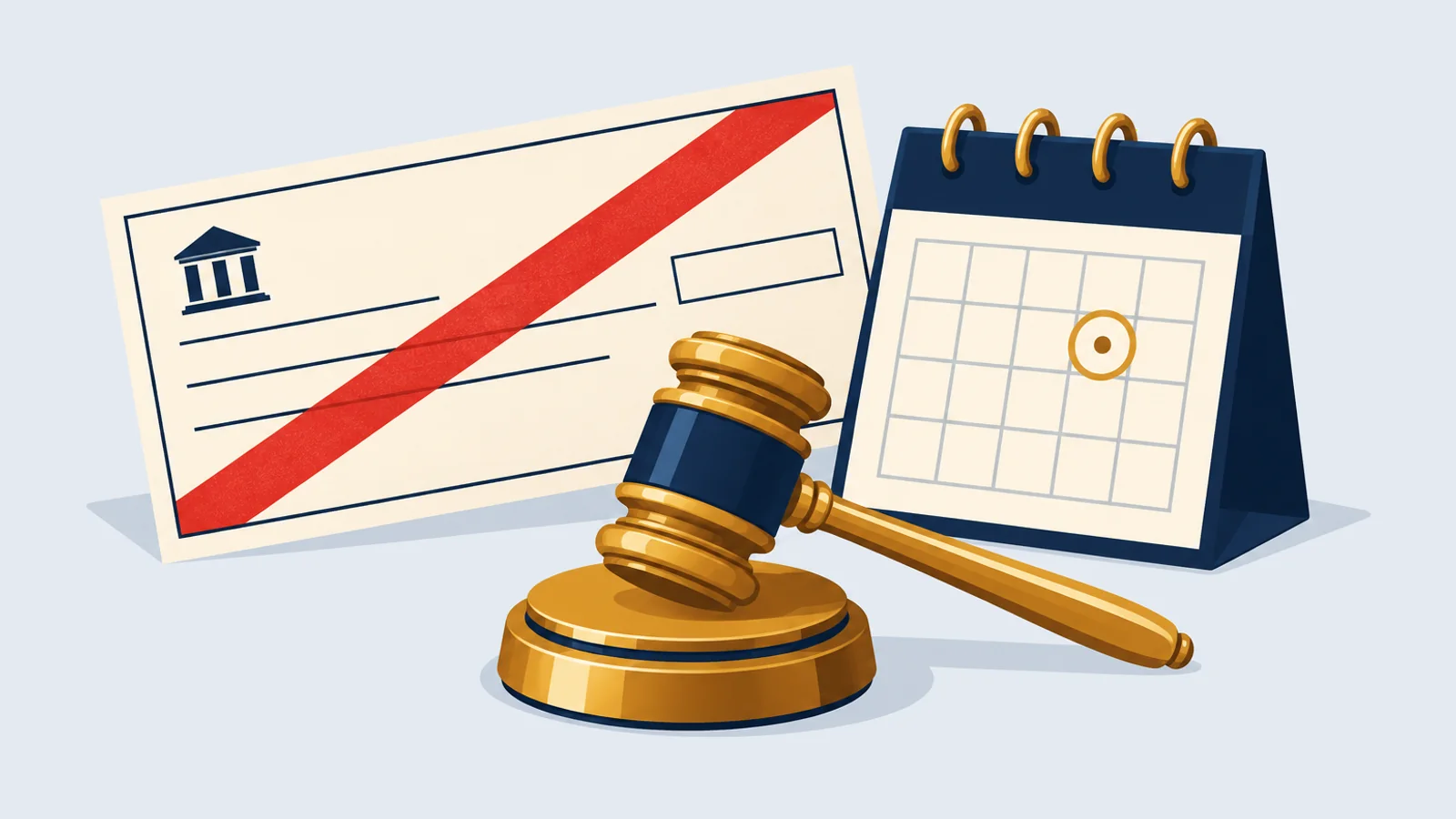 A bank cheque stamped returned, a calendar with a marked deadline and a gold gavel, for cheque dishonour case filing in Bangladesh