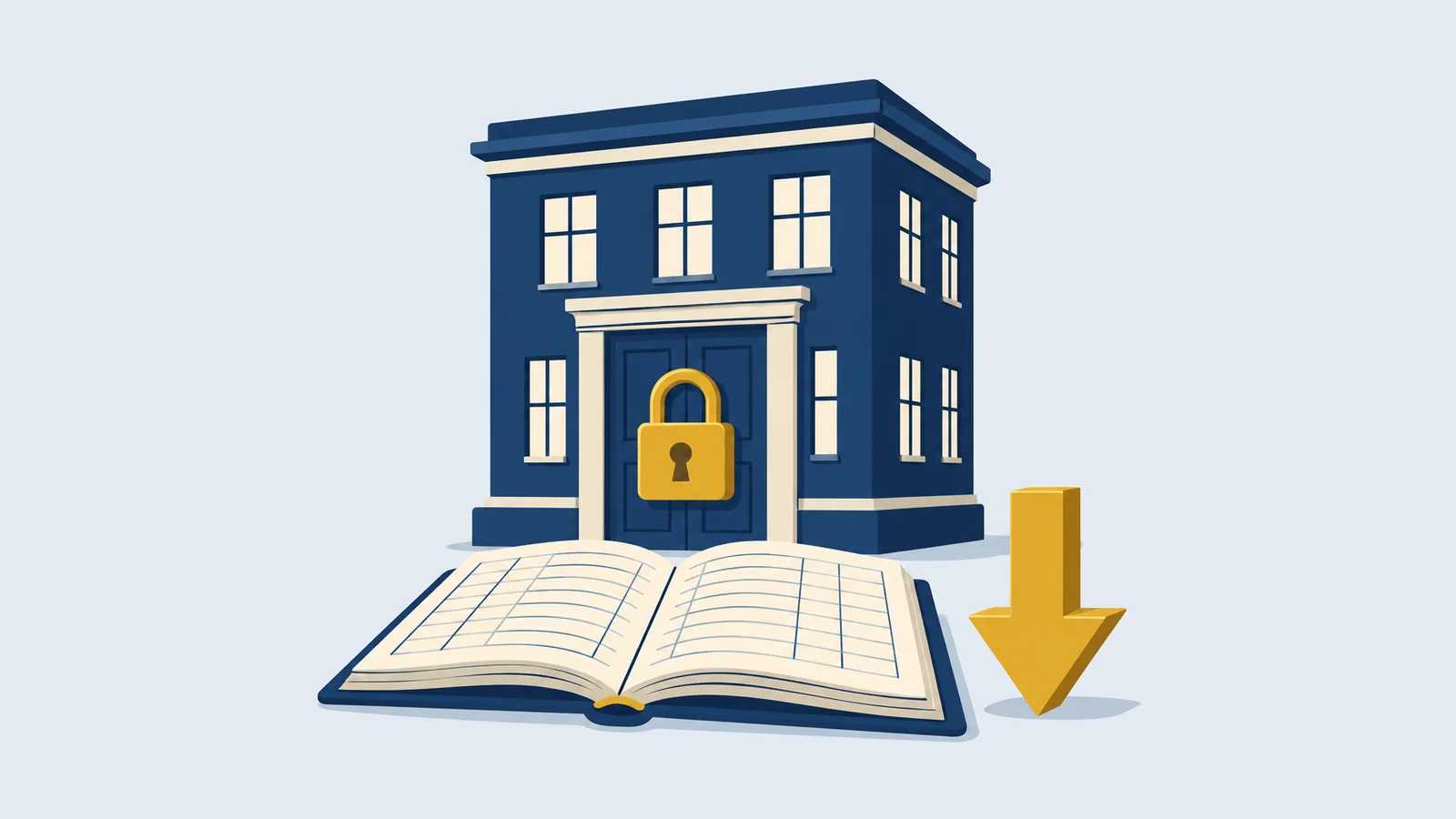 Office building with a padlock, an open ledger and a downward arrow, for company winding-up