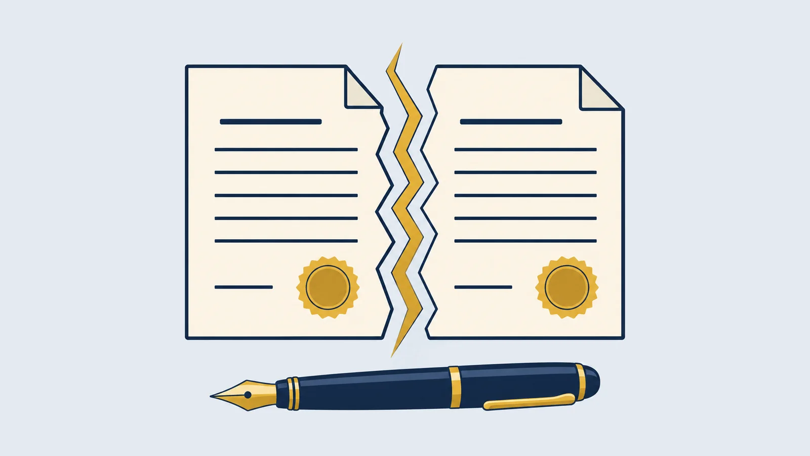 Two sealed contracts split by a gold crack line and a fountain pen, for contract and commercial disputes