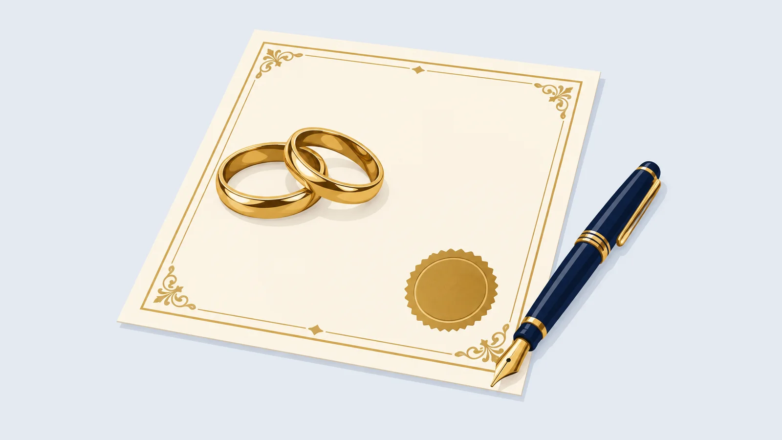 Two gold rings on a registered marriage certificate with a seal and a pen, for court marriage registration in Dhaka