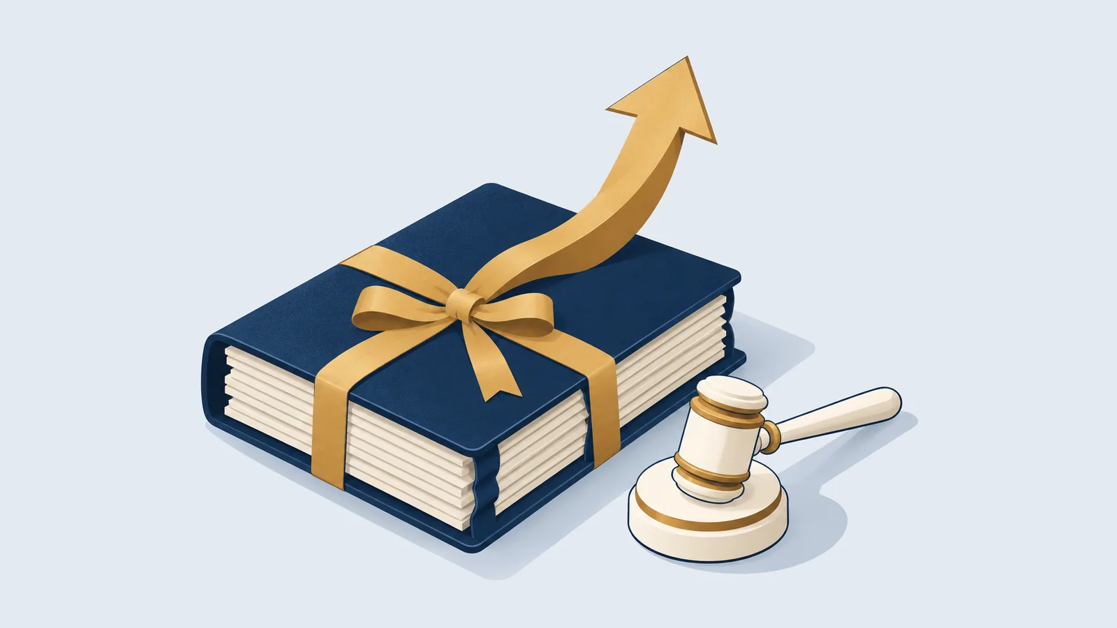 Case file tied with a gold ribbon, an upward arrow and a gavel, for criminal appeals and revisions
