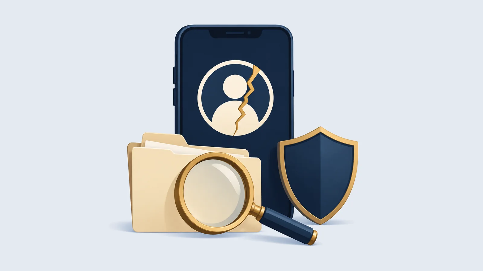 A smartphone with a cracked fake profile icon, a shield and an evidence folder with a magnifying glass, for cyber complaint filing in Bangladesh
