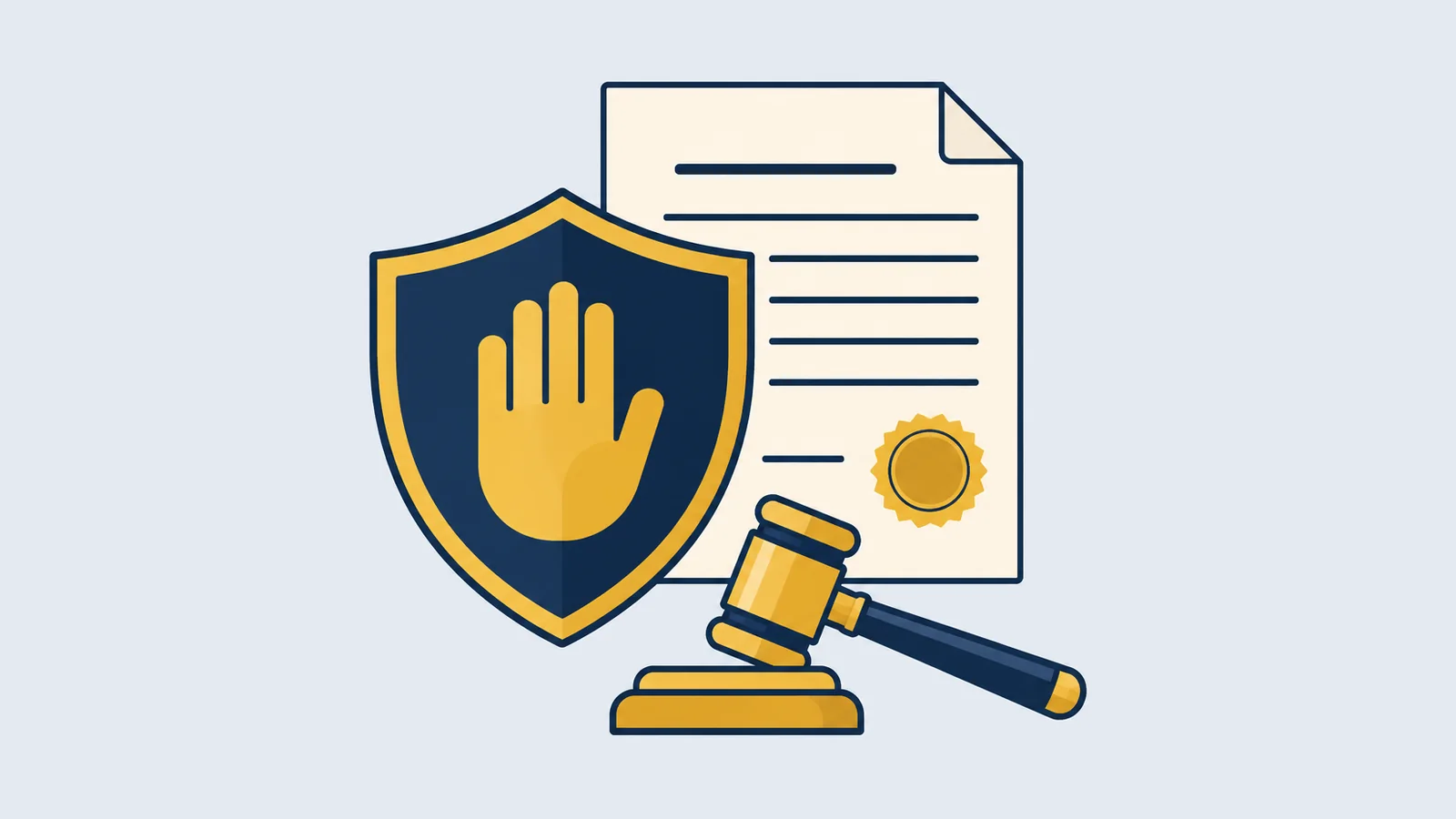 Shield with a raised palm, a sealed document and a gavel, for declaration and injunction suits
