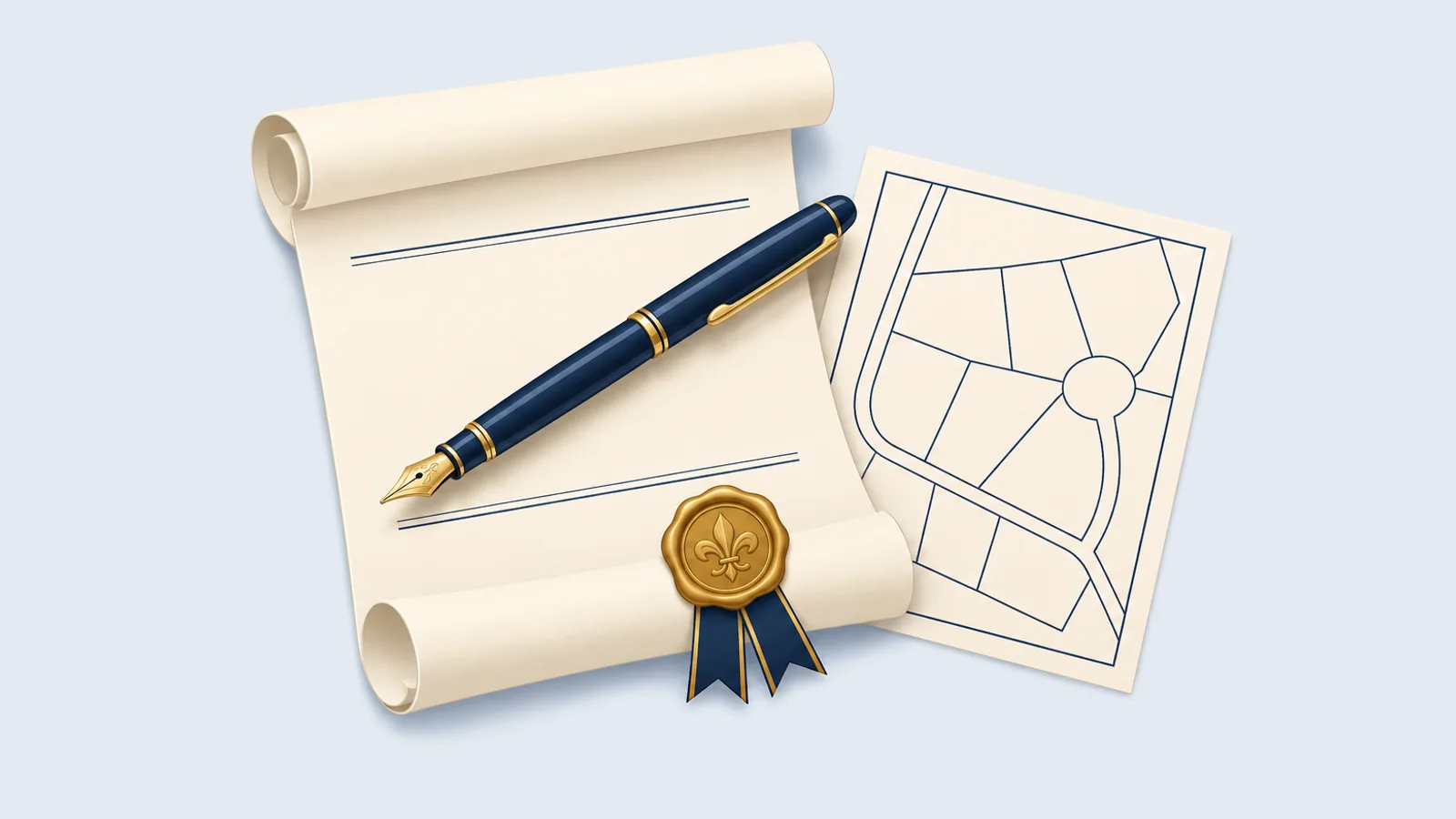 A deed scroll with a gold seal, a fountain pen and a land plan, for deed drafting services in Dhaka