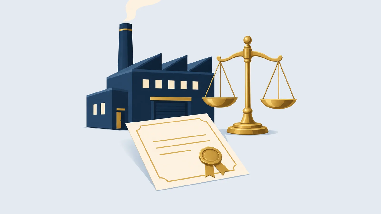 Factory with a chimney, a balance scale and a sealed permit, for environmental and regulatory litigation