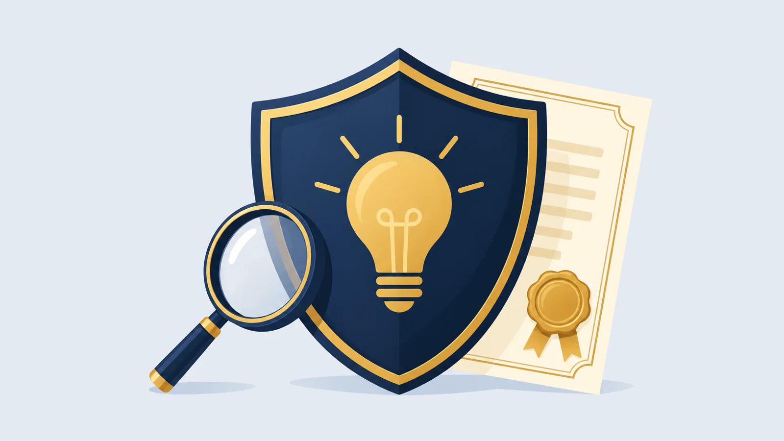 Shield with a light bulb, a sealed certificate and a magnifying glass, for IP infringement and enforcement