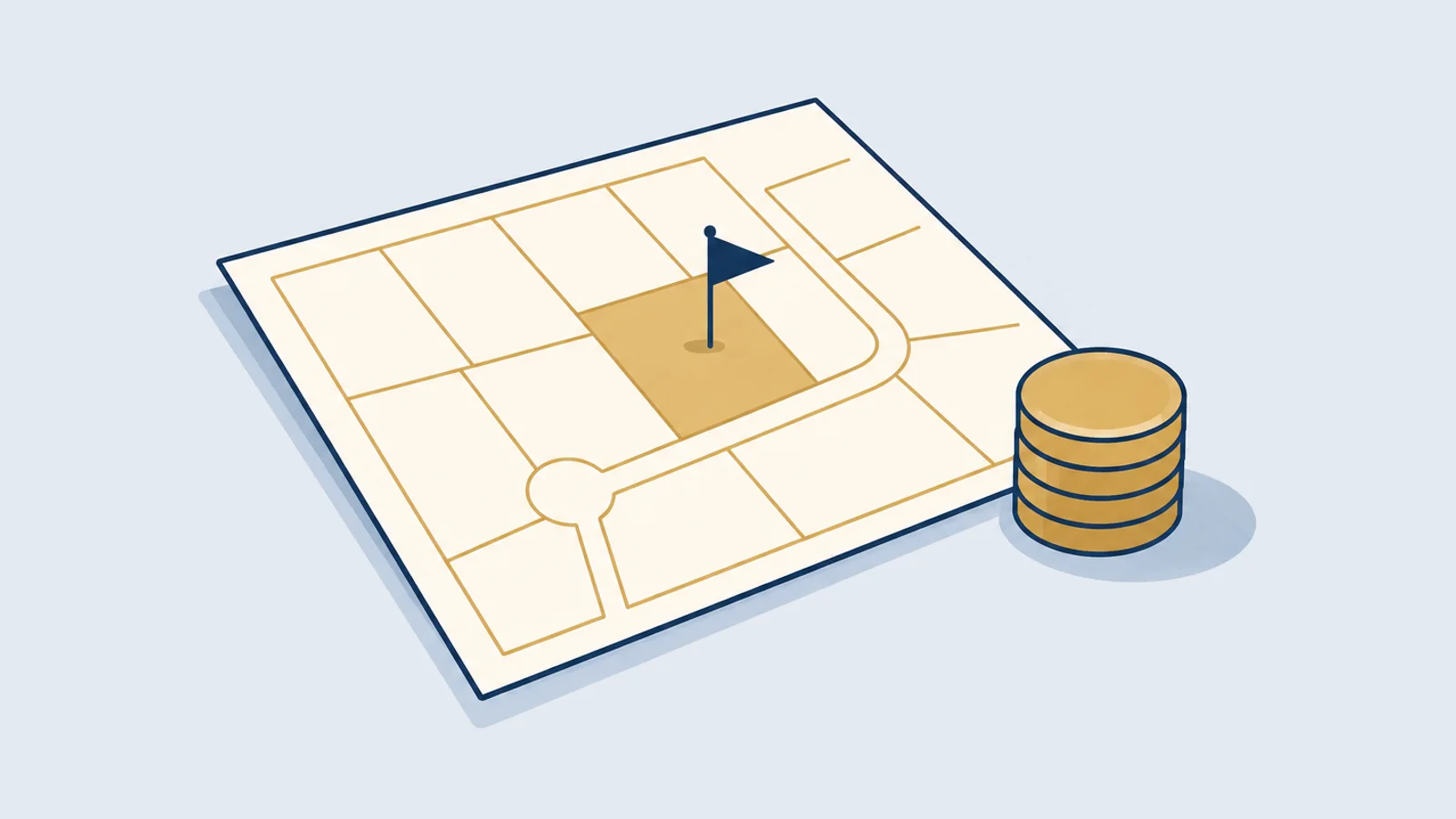 Land plot map with one gold parcel, a surveyor's flag and gold coins, for land acquisition compensation in Bangladesh