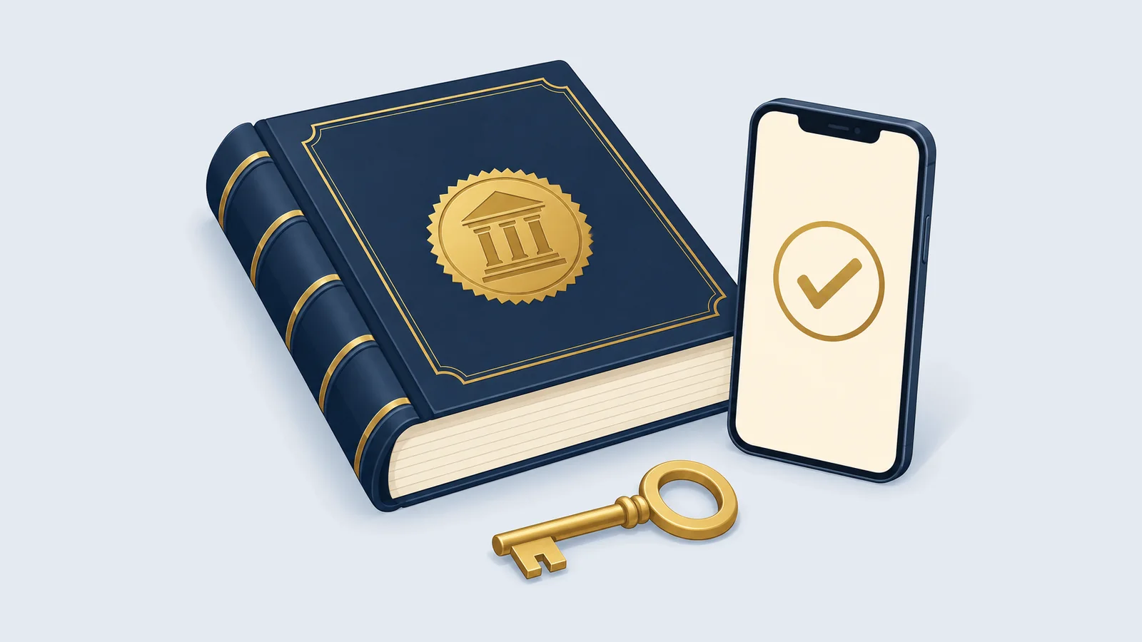 Land record book with a gold stamp, a mobile phone showing an application and a key, for namjari (mutation) filing in Bangladesh