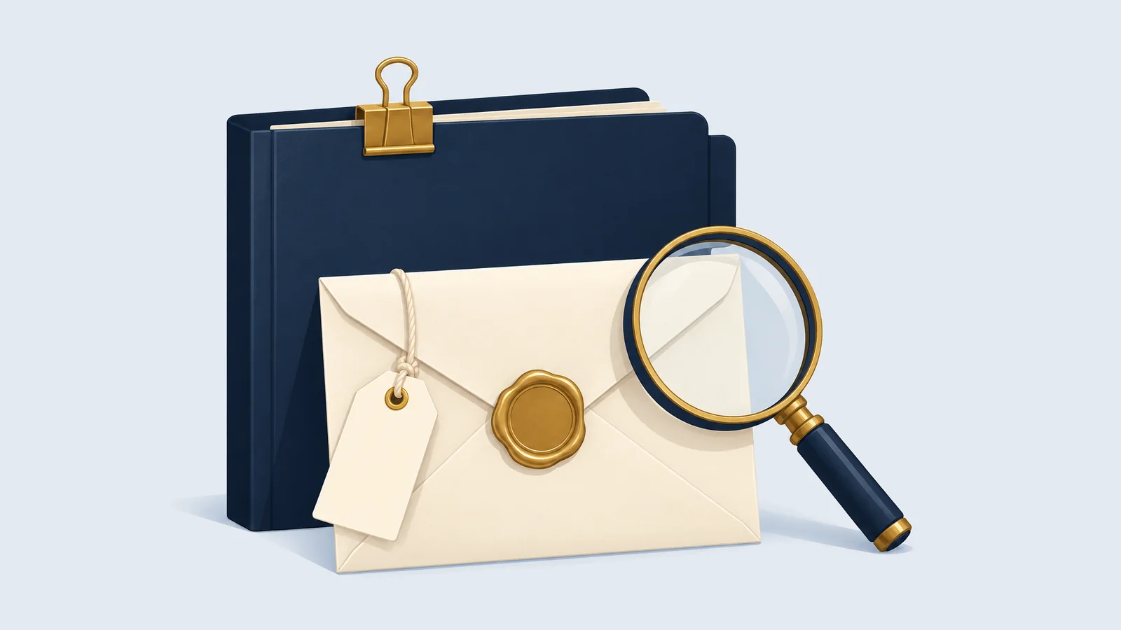 Sealed envelope with a tag, a magnifying glass and a case folder, for narcotics case defence