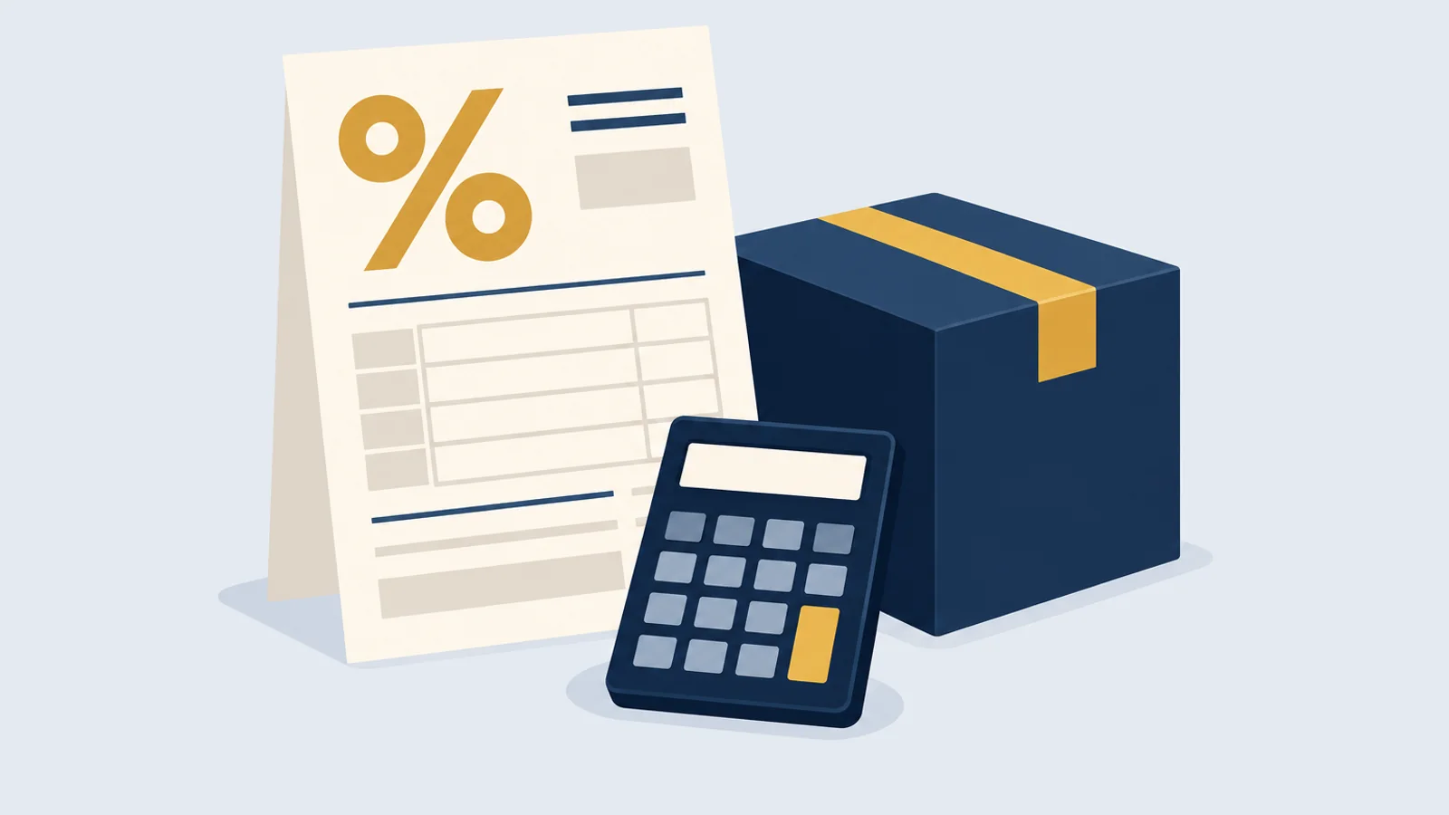 Tax form with a percent sign, a sealed cargo box and a calculator, for tax, VAT and customs appeals