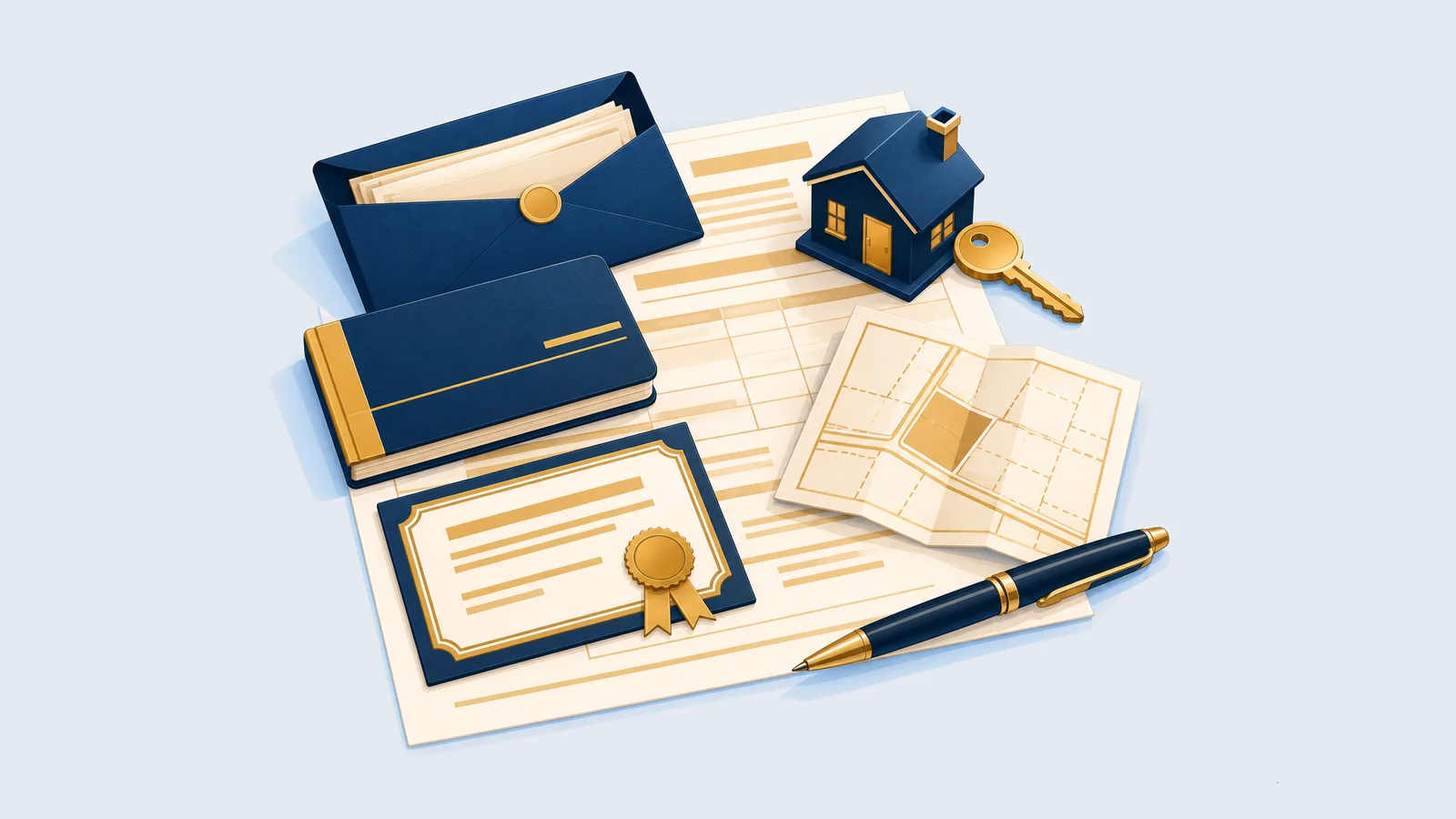 Pay envelope, house, passbook, share certificate and land map on a tax form, for tax on salary, rent, FDR, shares and land sale in Bangladesh