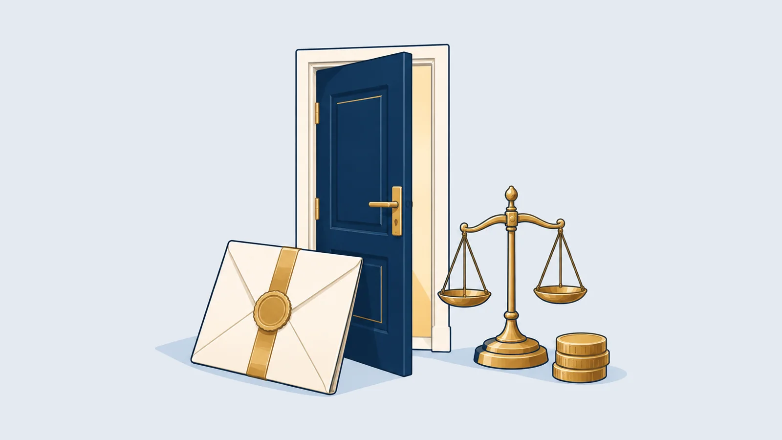 Open door with an envelope, a balance scale and coins, for terminating an employee lawfully in Bangladesh