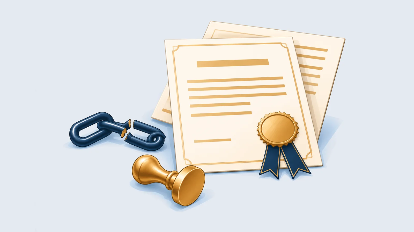 Certificate with a ribbon seal beside a broken chain and a stamp, for the Apostille Convention replacing embassy legalisation for Bangladesh documents