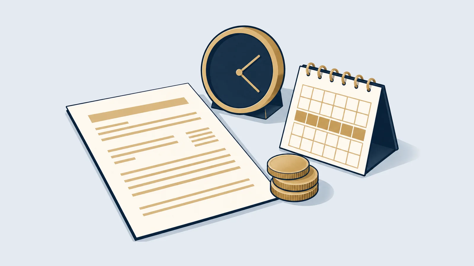Tax return sheet with a clock, a calendar marking a span and stacked coins, for the Finance Act 2026 income tax filing changes in Bangladesh