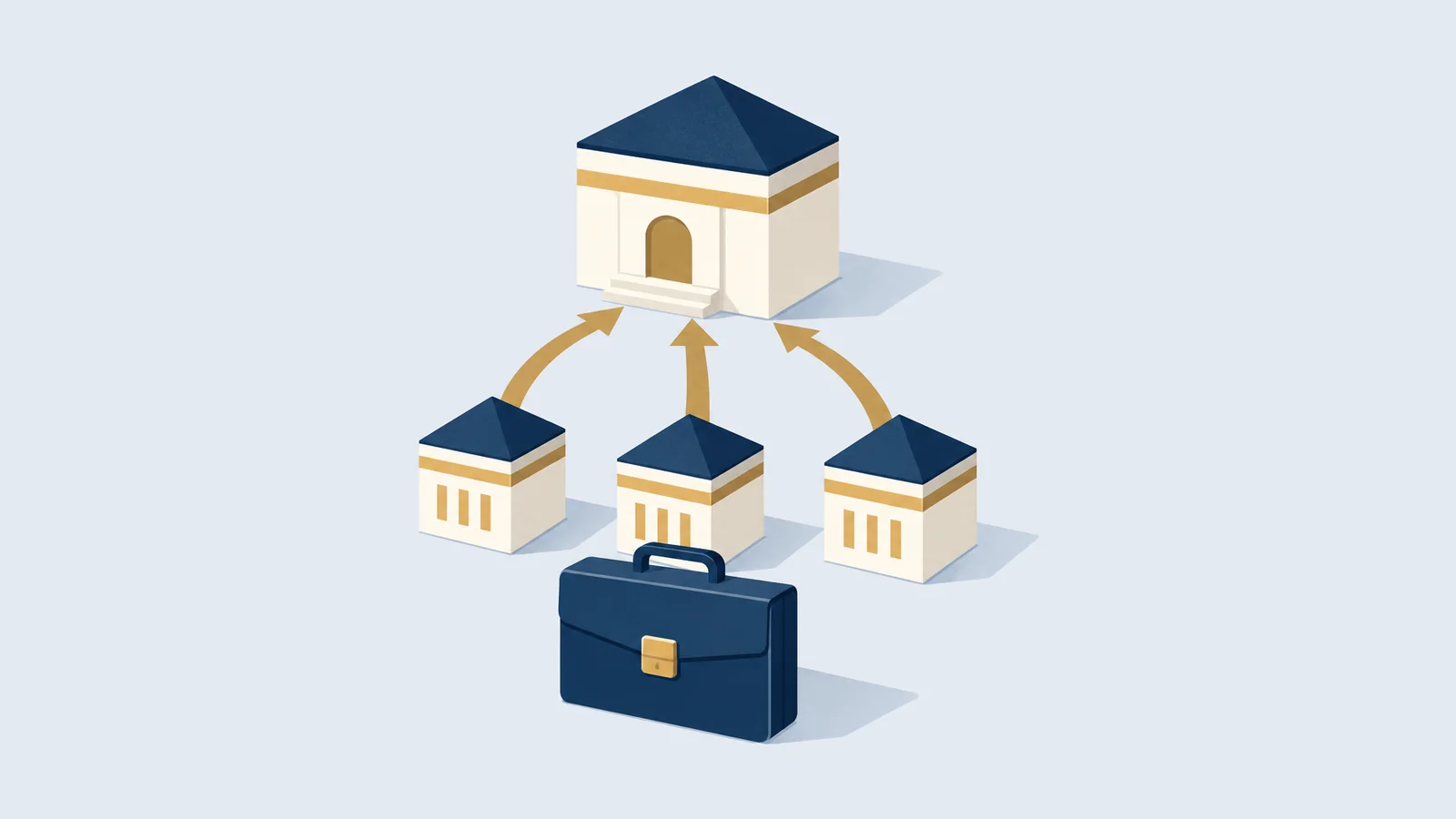Three blocks merging by gold arrows into one larger building with a briefcase, for the Invest Bangladesh Act 2026 merger of BIDA, BEZA and the PPP Authority
