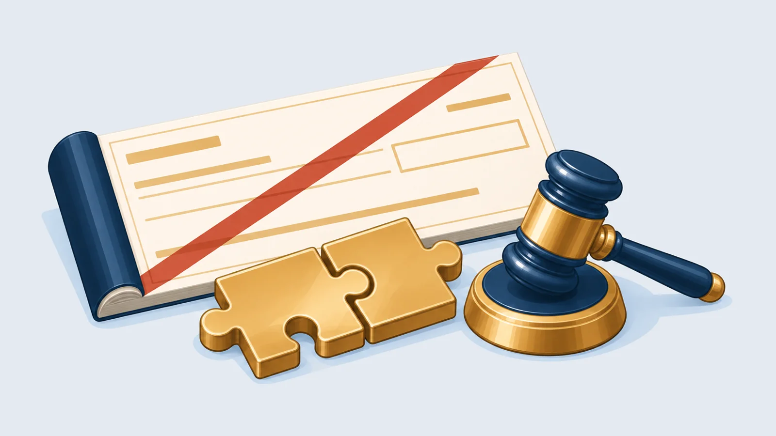 Bounced cheque with two interlocking pieces joined and a gavel, for the Negotiable Instruments Amendment Act 2026 making section 138 compoundable in Bangladesh