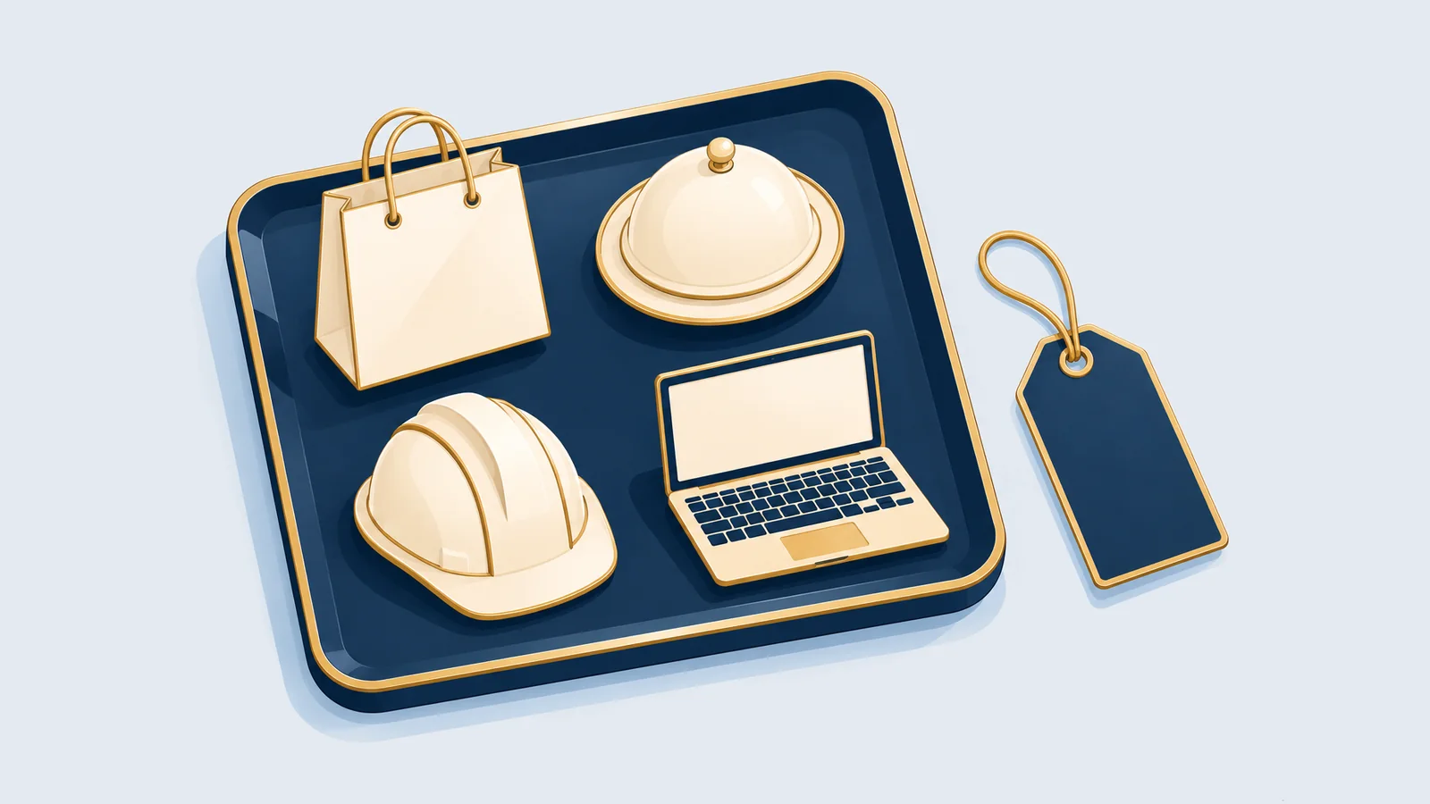Shopping bag, plate, hard hat and laptop icons on a tray, for VAT rates by sector in Bangladesh