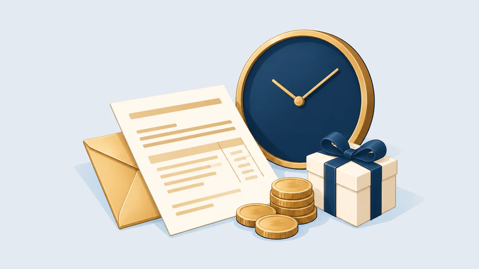 Clock, pay slip, coins and a small gift box, for wages, overtime, leave and festival bonus rules in Bangladesh