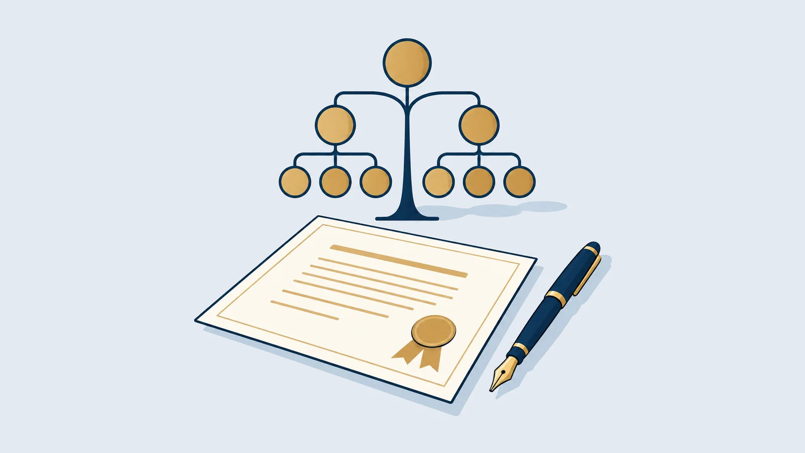 Illustration of a family tree above a certificate with a ribbon seal, for a warish (heirship) certificate in Bangladesh