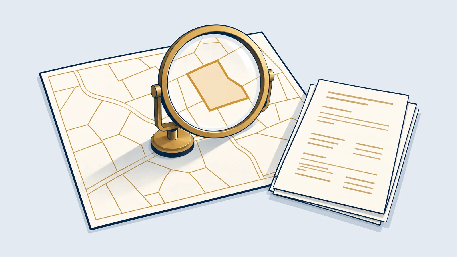 Magnifying glass over a land map, for checking khatian, dag and mutation before buying land in Bangladesh